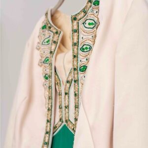 Embellished Cream and Green Women's Jacket and dress vintage